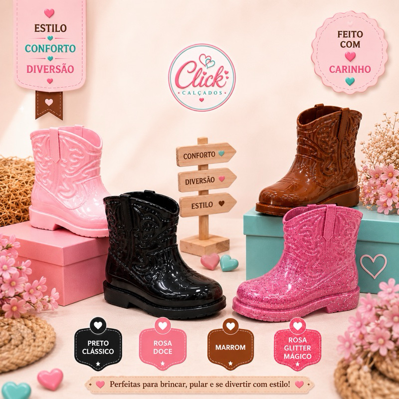 Bota Galocha Boiadeira Texana Infantil Menina Glitter Antiderrapante Impermeável Promoção Inverno