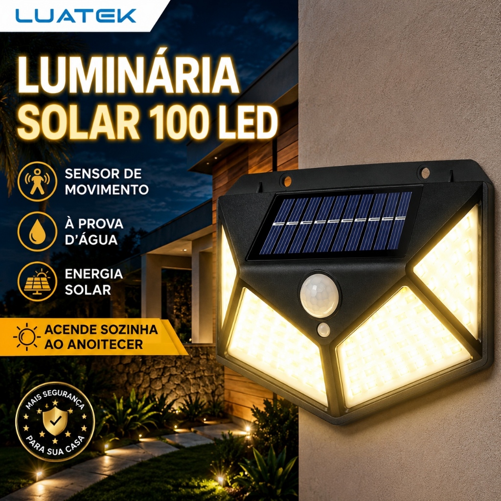 Luminária Solar 100 LED Com Sensor De Movimento À Prova D'Água Para Jardim Parede Área Externa