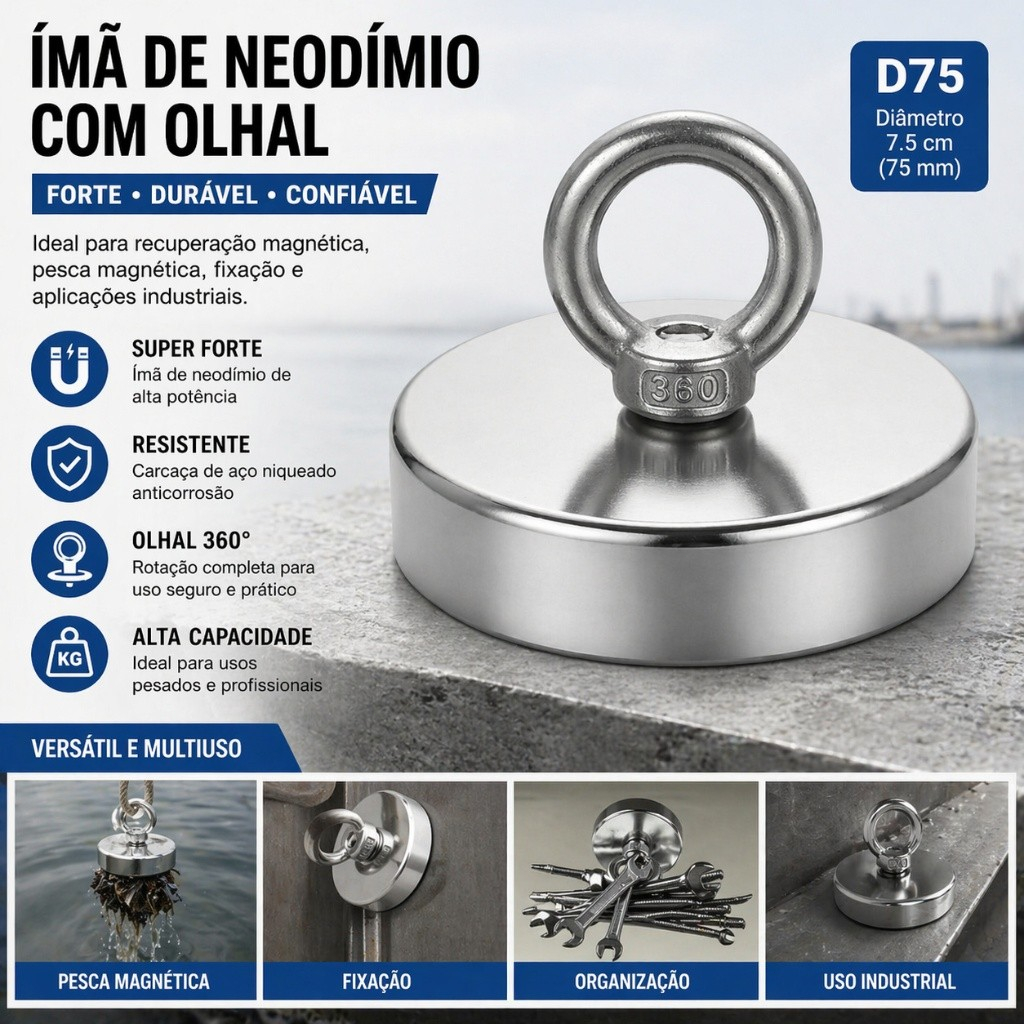 Super Ímã de Neodímio Pesca Magnética 290kg D75 com Gancho Argola - Alta Potência para Busca e Resgate