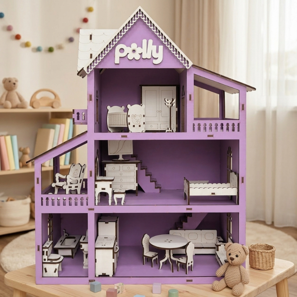 Casa de Bonecas 60cm com Mini Moveis Casinha em Mdf Pintada Artesanal