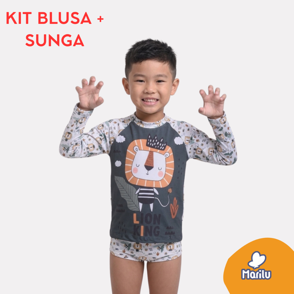 Conjunto de banho praia infantil masculino menino piscina solar natação proteção uv camisa e sunga estampado