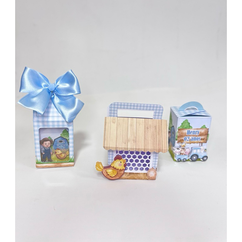 Kit Festa - 15 Lembrancinhas Personalizadas Fazendinha Azul - Caixinhas Personalizadas - Papelaria Personalizada.