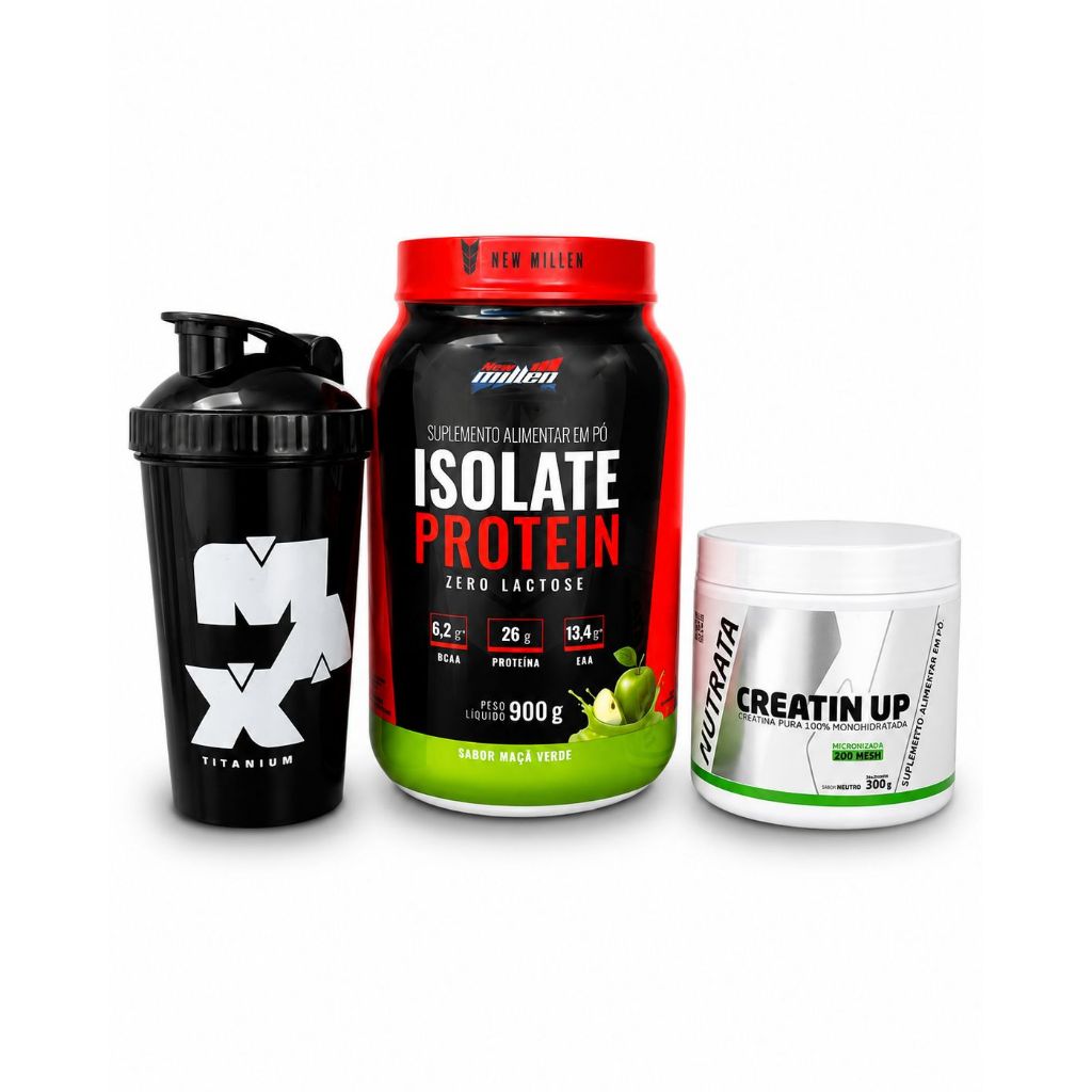 Kit Isolate Protein 900g New Millen + Creatina 300g Nutrata + Coqieteleira( Brinde)