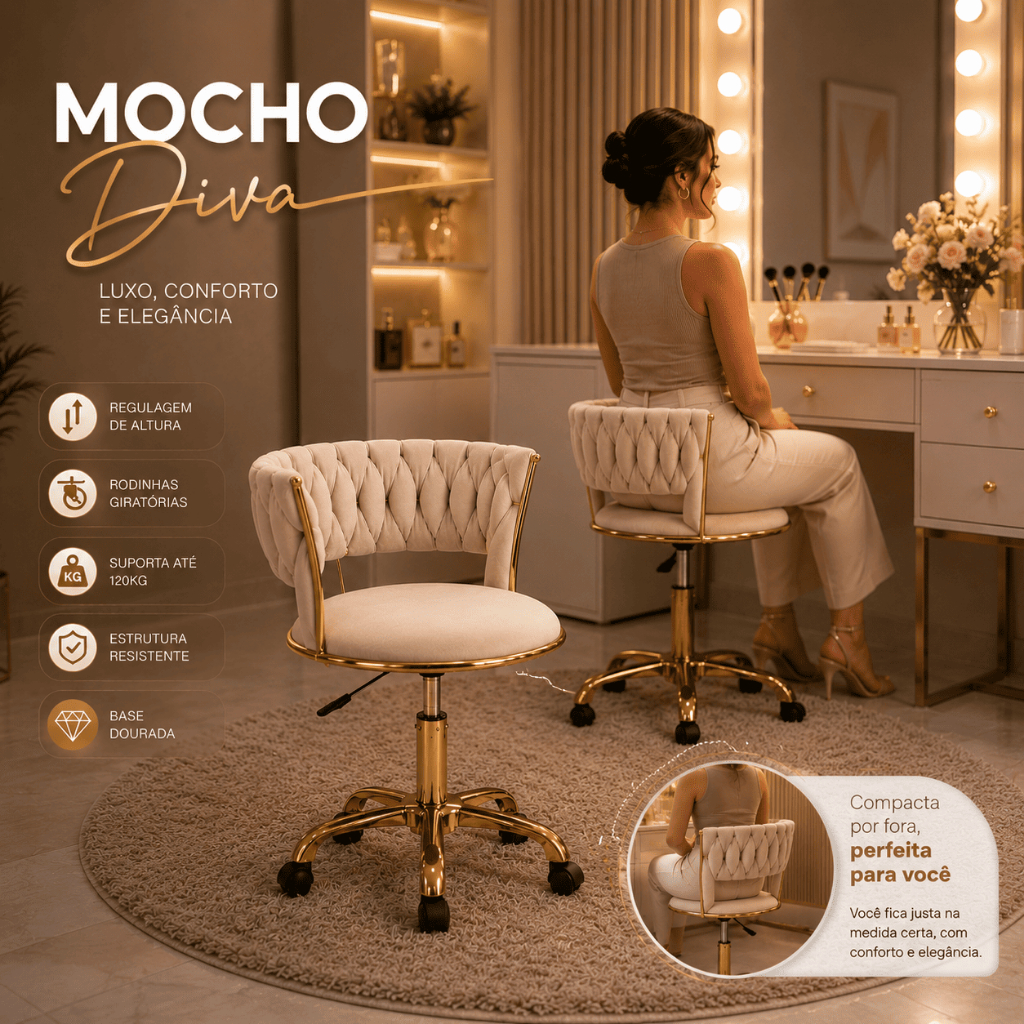 Cadeira Mocho Diva Dourada Luxo Glamour e sofisticação Alto padrão
