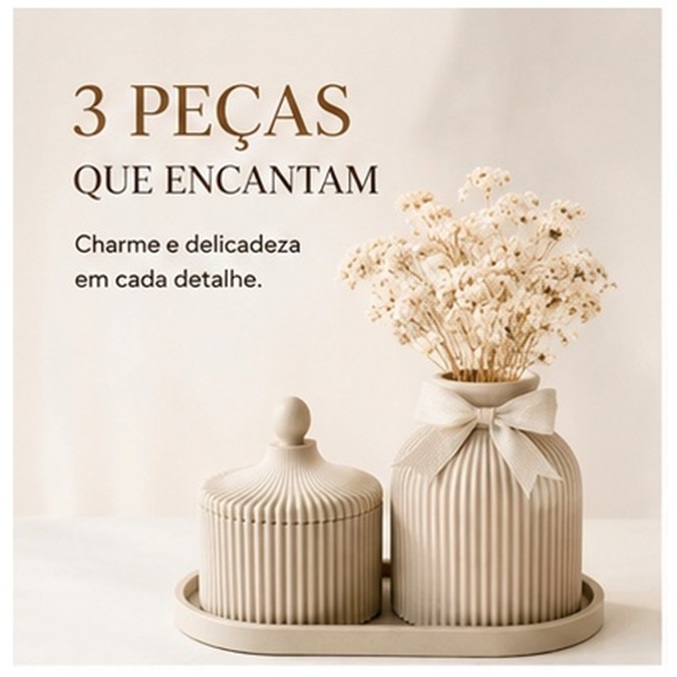 Kit Encanto Decorativo Canelado Bege Vaso Pote com Tampa Premium Moderno Para Sala Quarto Banheiro Bege