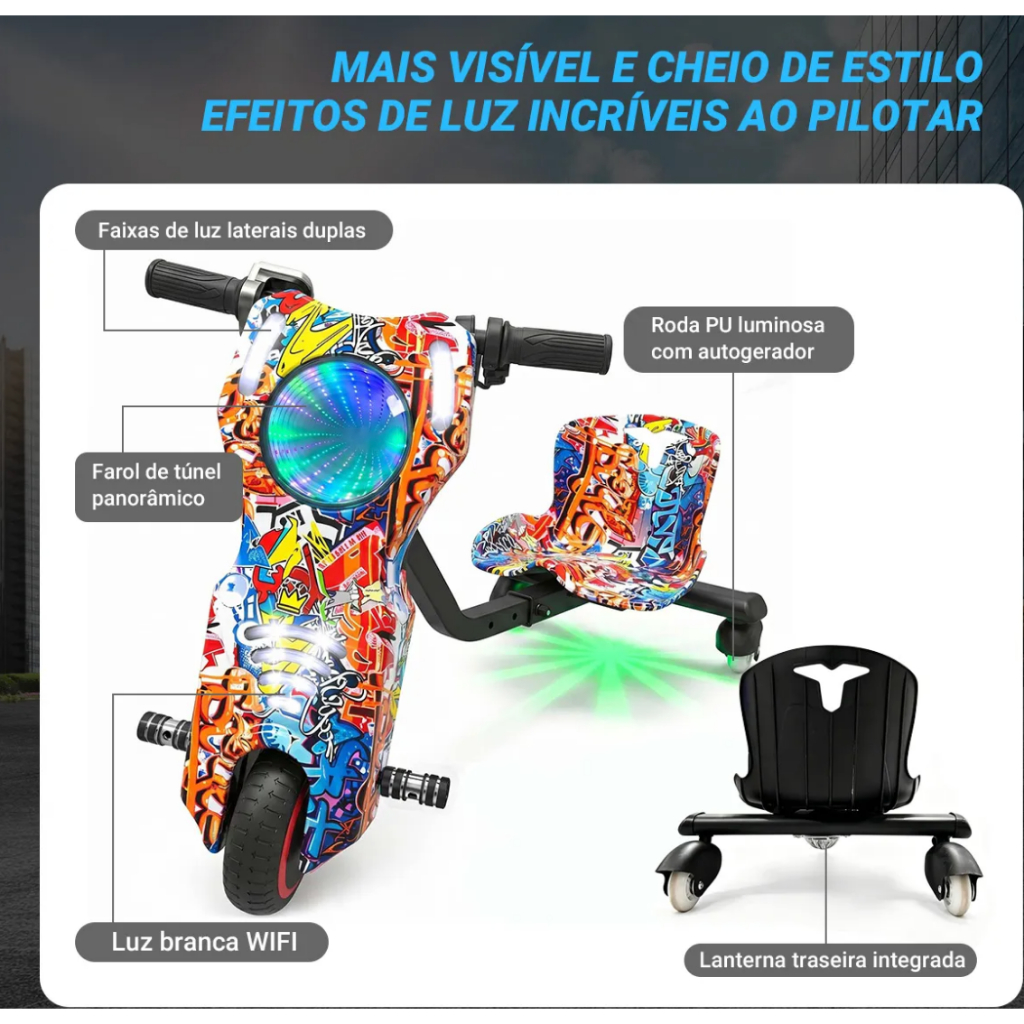 Patinete Elétrico 3 Rodas Triciclo Infantil Drift 36v Peso Máximo 80kg 250w 25km h Bluetooth Colorido