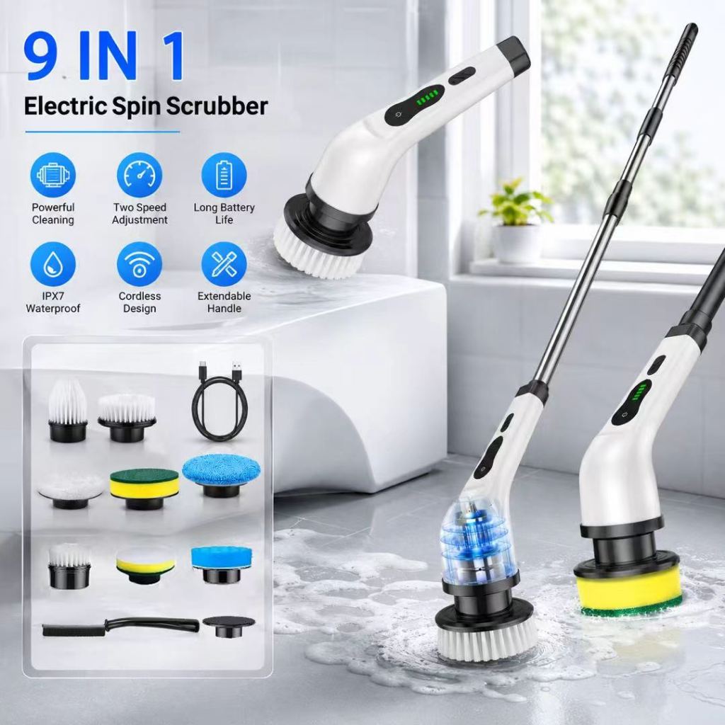9-in-1 Rechargeable Electric Rotating Cleaning Brush with Extension Handle