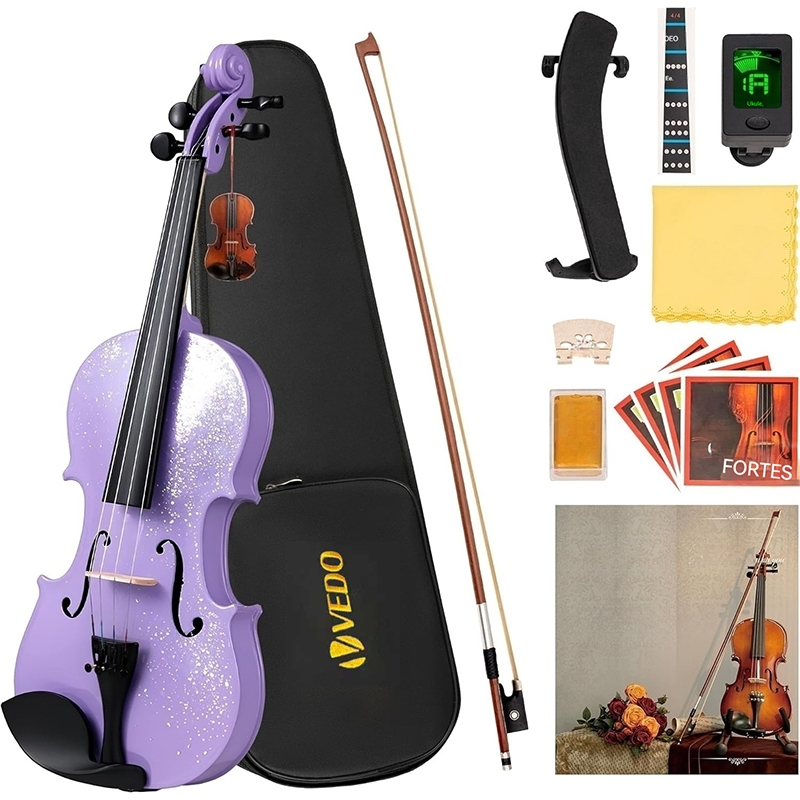 Violino 4/4, ideal para iniciantes. Violino roxo com estojo, arco, cordas, afinador, abafador e pontes. Conjuntos de