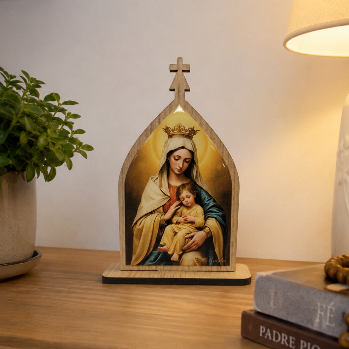 Oratório Capela Mãe Rainha 20cm MDF e Imagem Resinada | Decoração Casa Presente Católico Religioso Fé Proteção