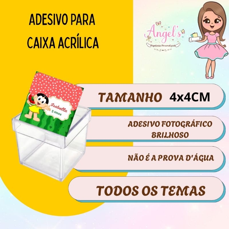 Rótulo Adesivo Personalizado Caixa Acrílica  4x4cm | Lembrancinha de Aniversário Festa Infantil | Todos os Temas