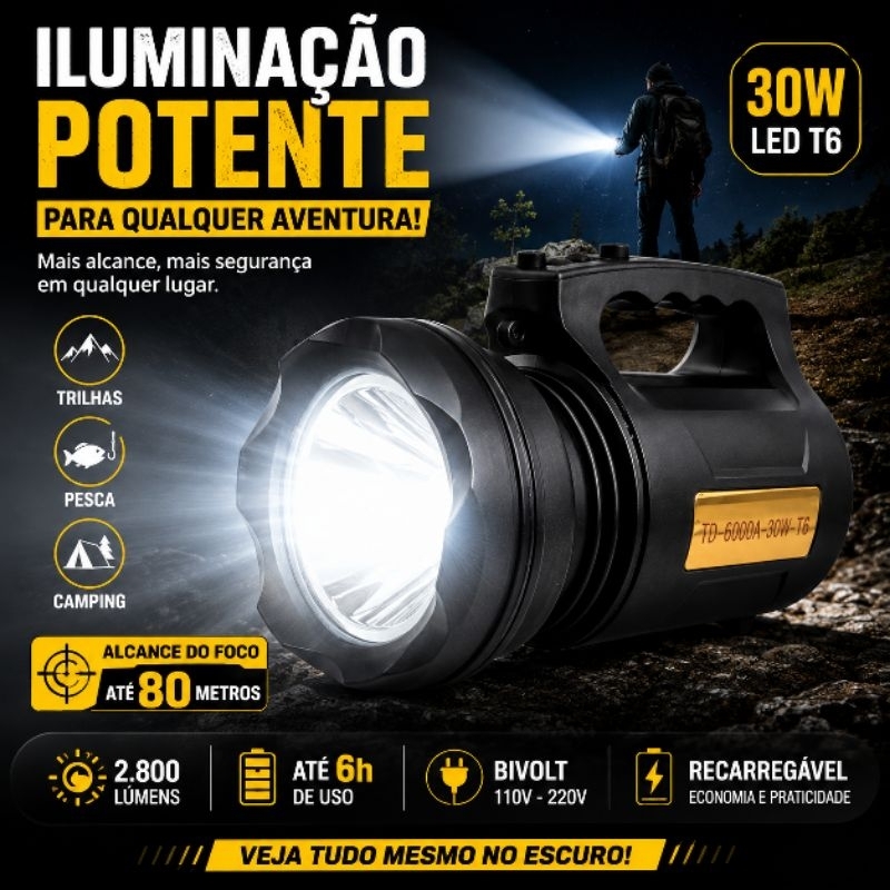 Lanterna Holofote LED T6 30W Recarregável Bivolt BM-6000A Pesca Camping Trilha 2800 Lumens
