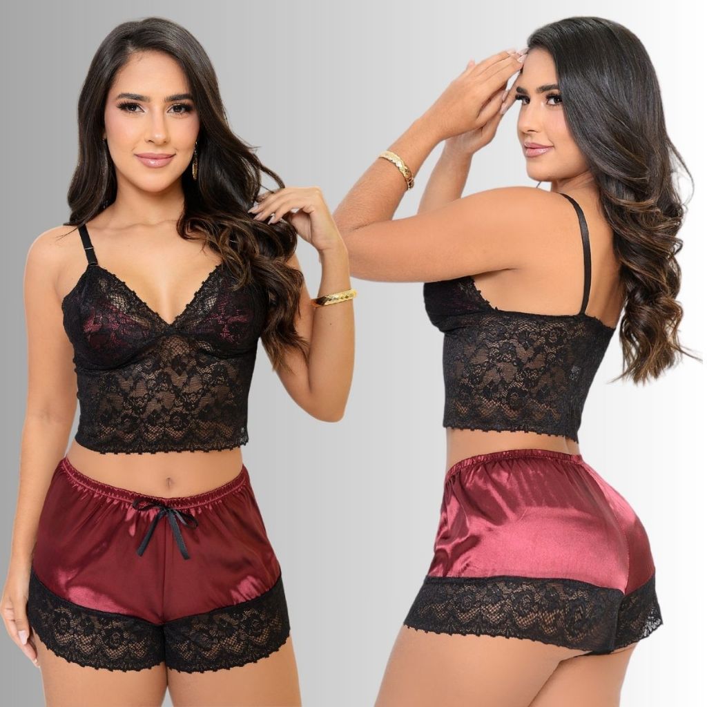 Baby Doll Curto Cetim Short Doll Com Renda Produto Premium Com Alças Ajustáveis Pijama Luxo Feminino