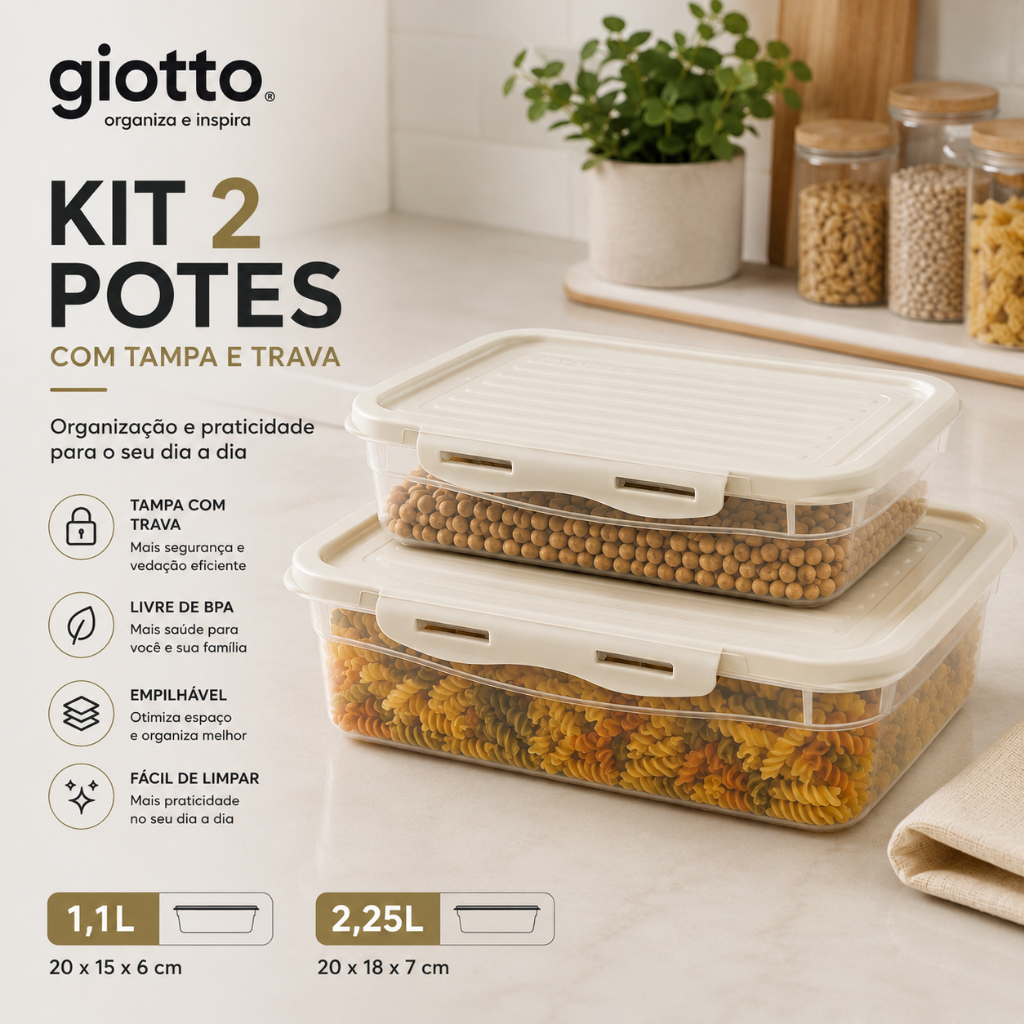 Kit 2 Potes Marmitas Fitness Com Tampa e Trava 1,1L e 2,25L Off White Freezer E Microondas Giotto