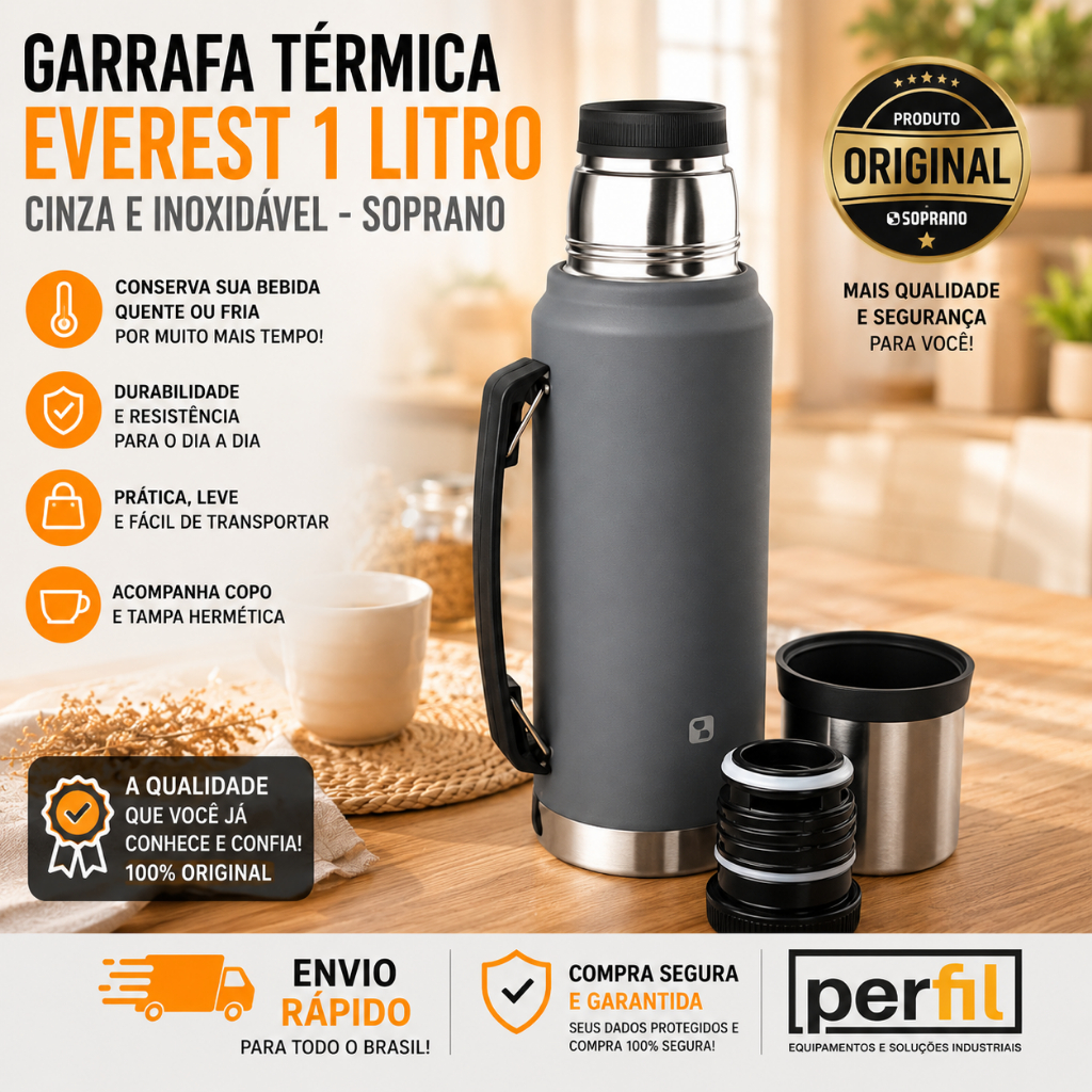 Garrafa Térmica DE ÁGUA 1 LITRO Cinza SOPRANO garrafa de água garrafa térmica garrafa termica INOX