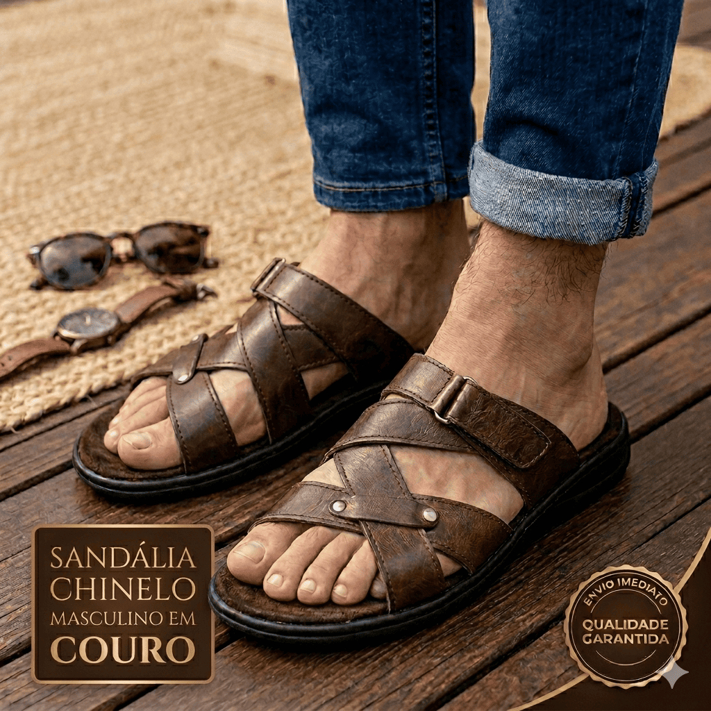 Chinelo Sandália Masculina Couro Confortável Antiderrapante Leve Ajustável Dia a Dia.