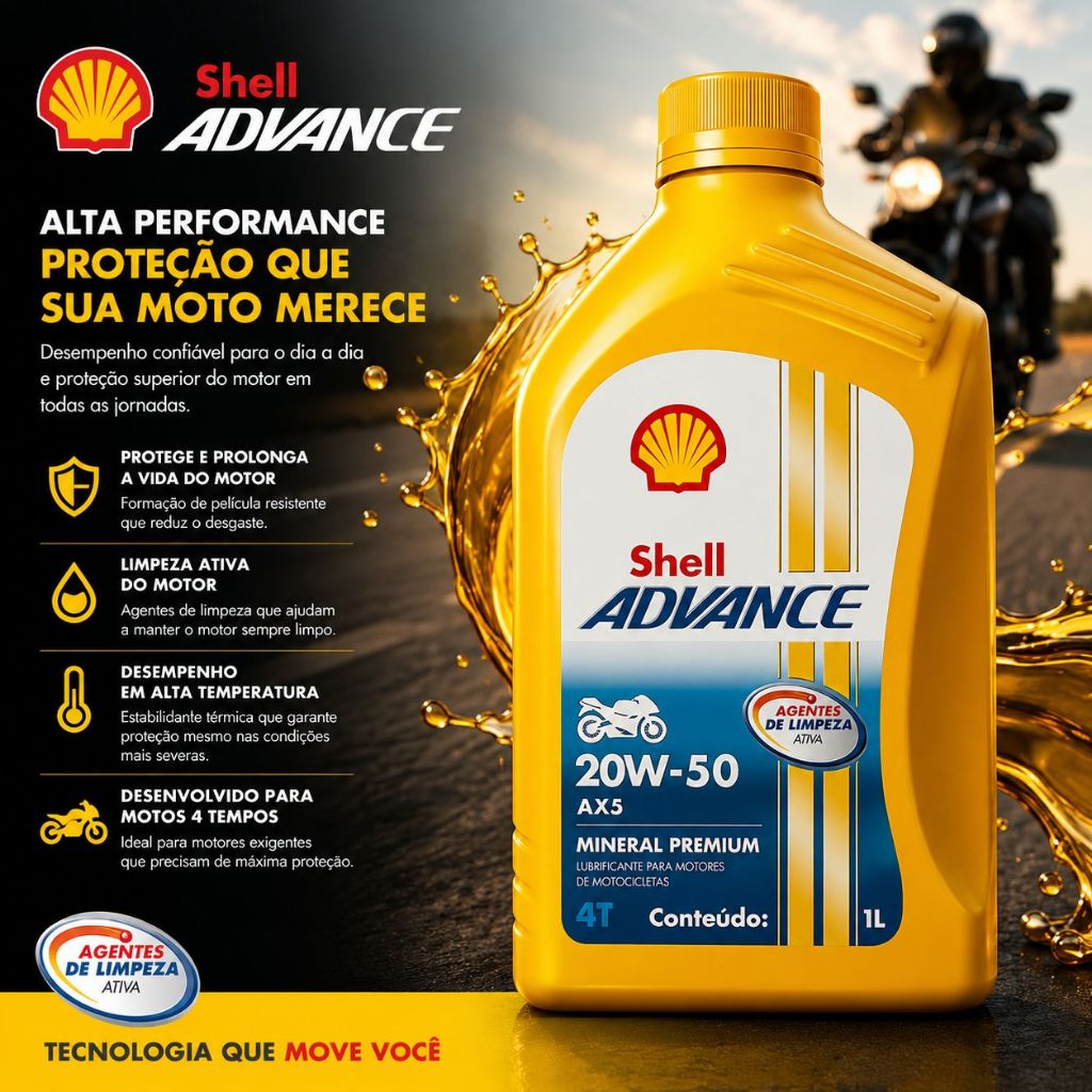 Óleo Lubrificante Moto Mineral Premium 1L 20W50 AX5 SL/MA Shell Advance Alta Performance