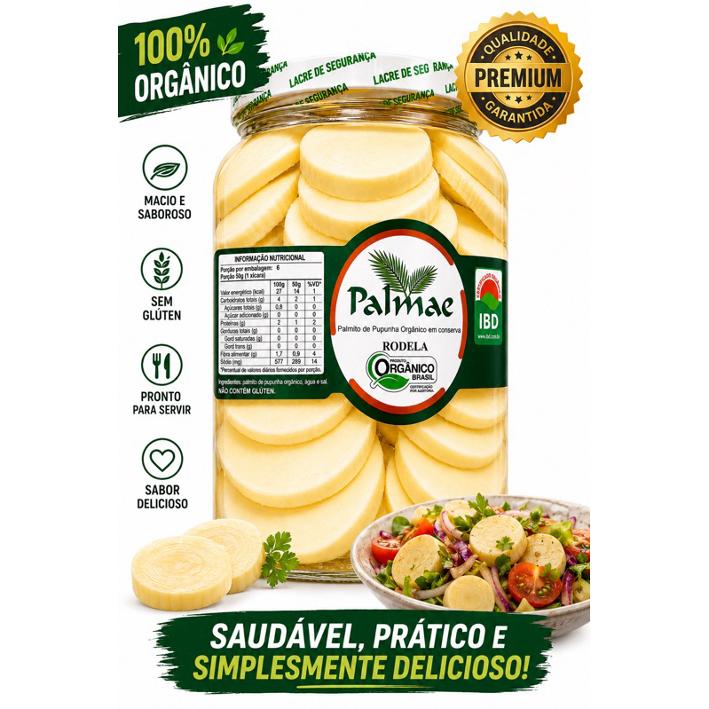 Palmito Pupunha Orgânico em Rodelas 3kg Conserva Certificada IBD Sem Glúten