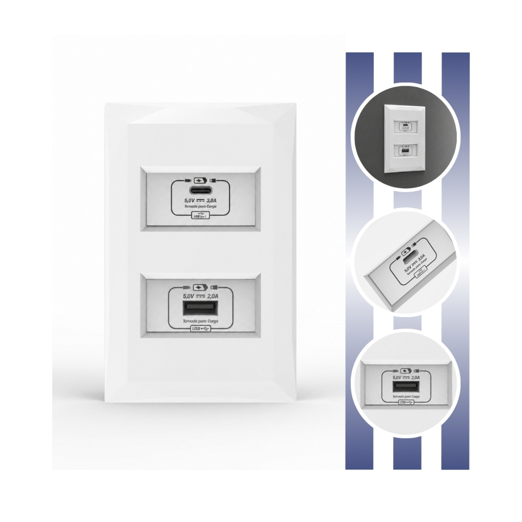 Conjunto Doha Espelho 2 Módulos com Suporte 2x4 + 1 Tomada USB Tipo C + 1 Tomada USB Tipo A Enerbras