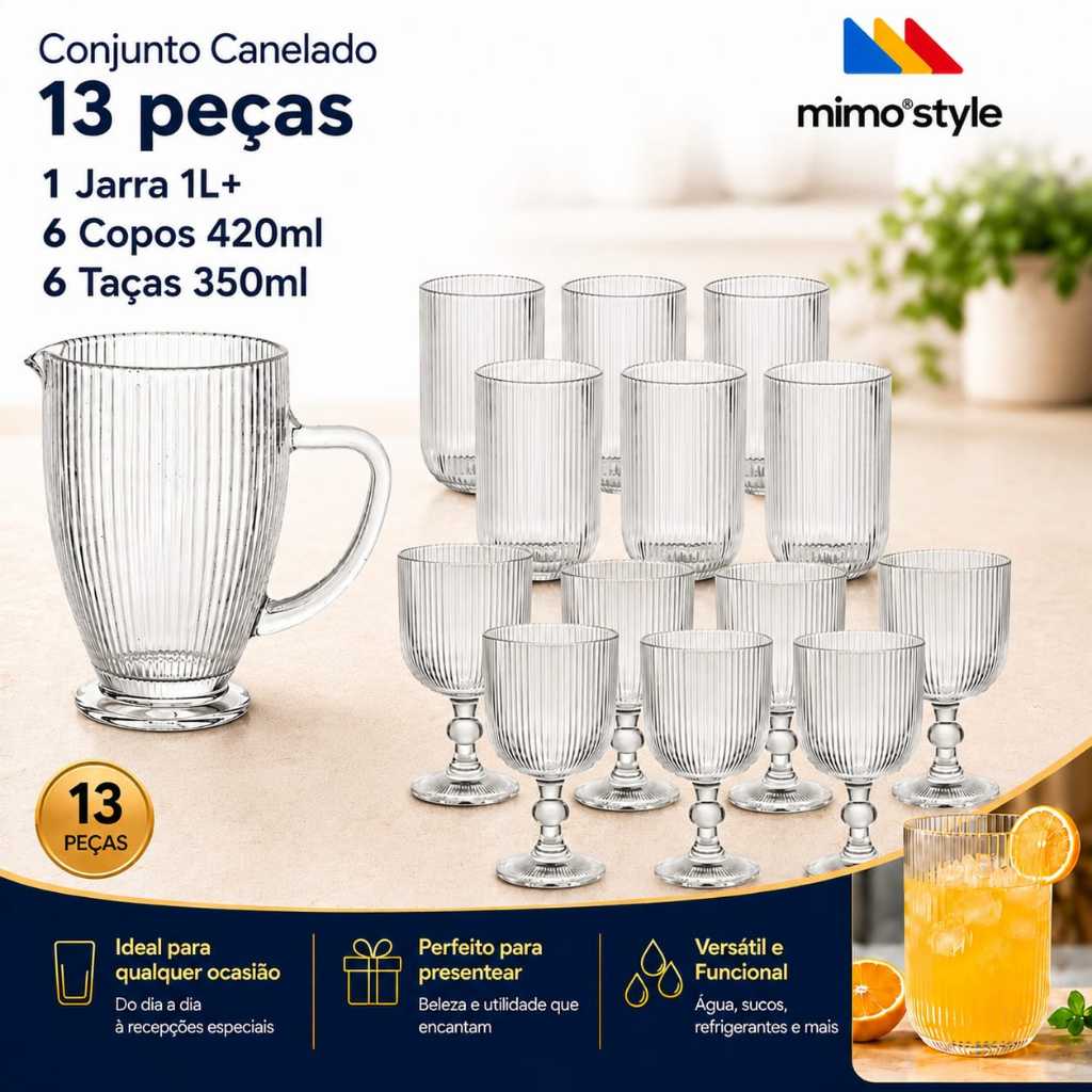 Conjunto 13 peças Jarra 1 Litro + Copos 420ml + Taças 350ml Vidro Sleek Mimo Style