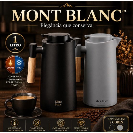 Garrafa Térmica Mont Blanc 1 Litro Quente e Frio Cabo Amadeirado Tampa Vedada Preto ou Cinza Premium