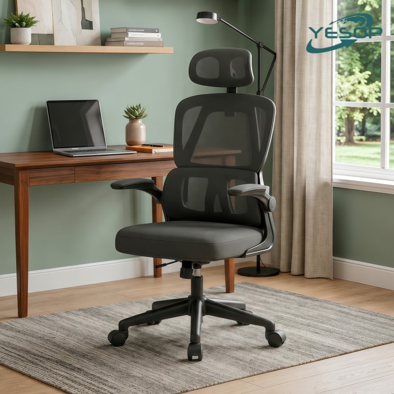 YESOP Cadeira Escritório Ergonômica Reclinável 130° Mesh Confortável Suporte Lombar Preta