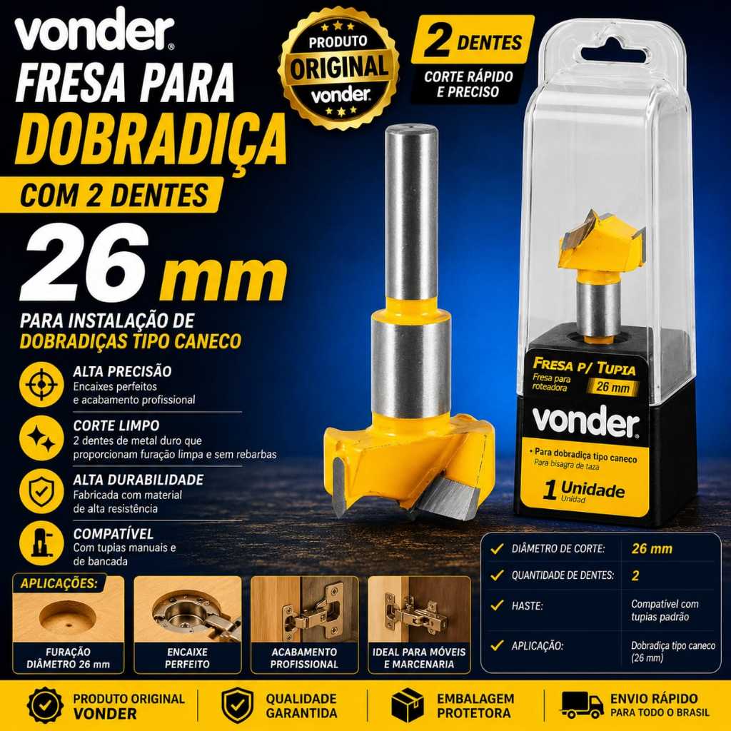Fresa P/ Tupia Dobradiça Tipo Caneco 26mm Vonder