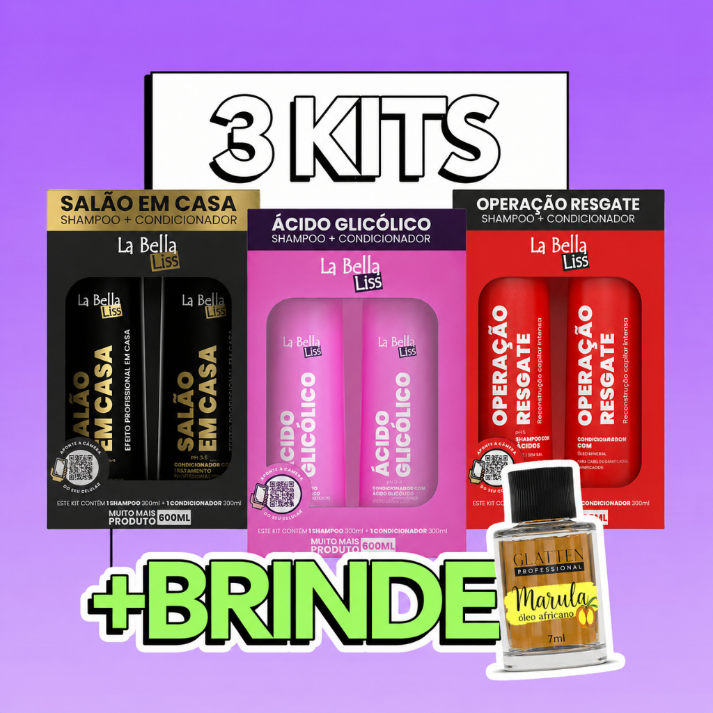 La Bella Liss | Kit Capilar Profissional - Salão em Casa + Ondula Cachos + Ácido Glicólico | Cronograma 2 - (3 Kits)