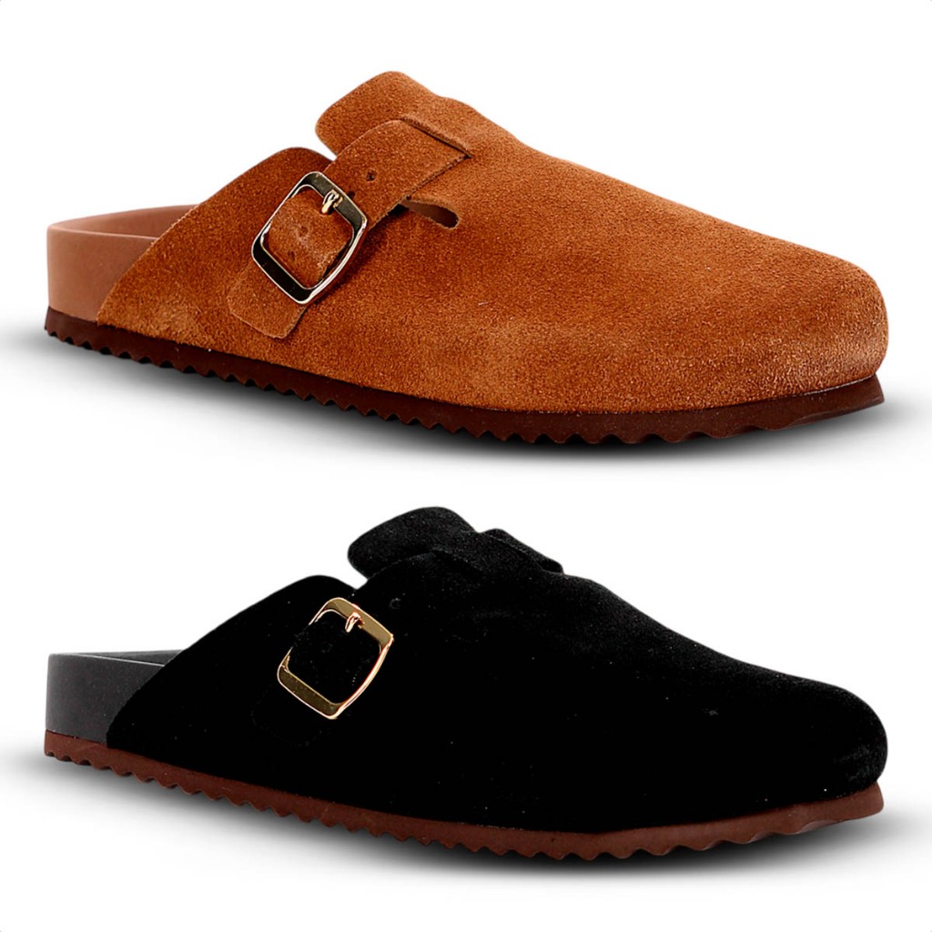 Mule Clog Anacapri Couro Acamurçada Com Maxi Fivela Tratorada Confort