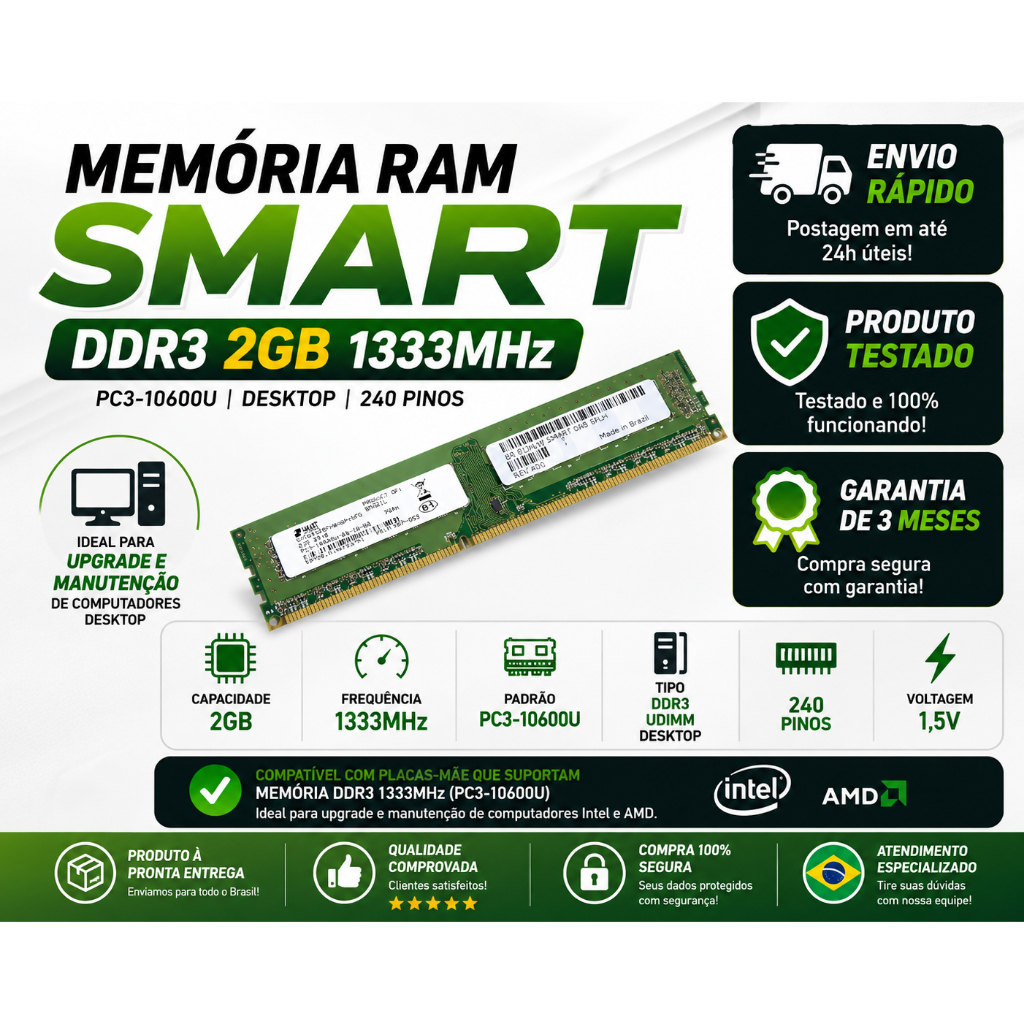 Memória RAM Smart DDR3 2GB 1333MHz para Desktop