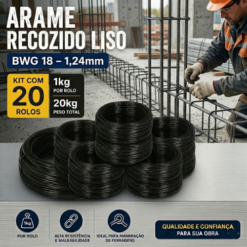 Kit 20 Rolos de 1kg de Arame Recozido Liso BWG 18 1,24mm Para Amarração Construção Civil Ferragens Cercas Artesanato