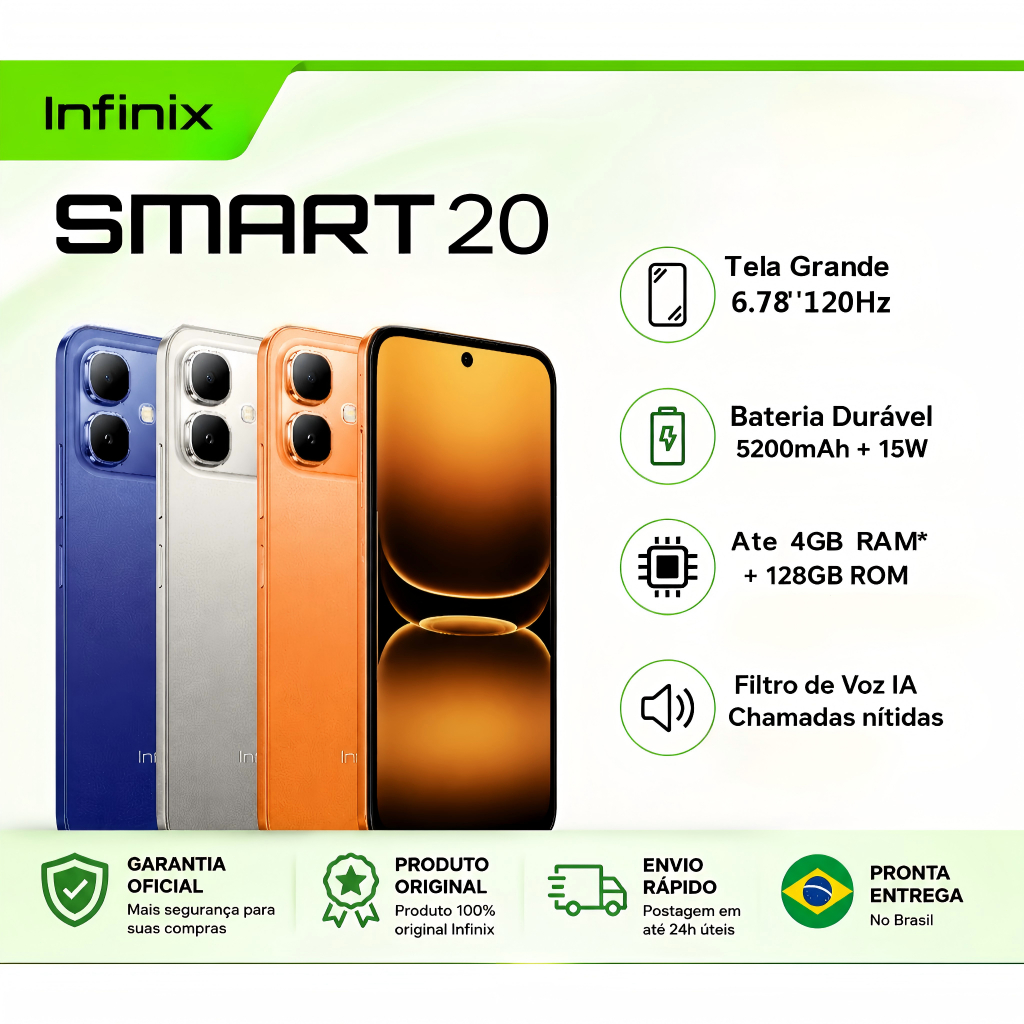 Infinix Smart 20 4G 128GB/4GB, Tela HD 6.78 Dual SIM Rápido bateria 5200mAh Envio Brasil