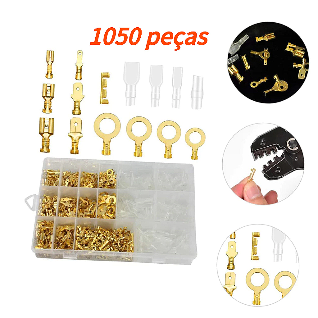 KIT 1050pçs Terminais Pá 2,8/4,8/6,3mm Macho Fêmea Isolados c/ Caixa Organizadora