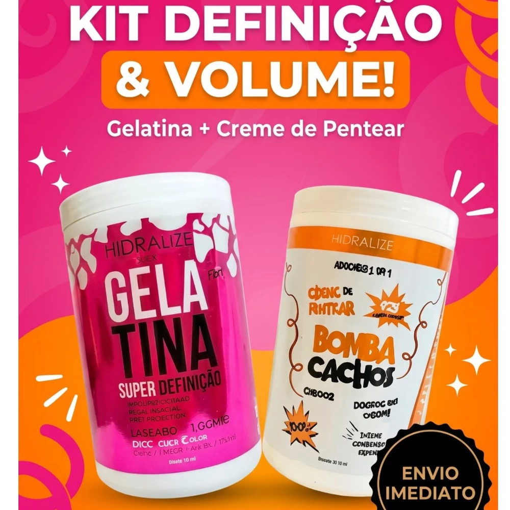 kIT Gelatina Capilar Super Definição + Creme De Pentear, Bomba Cachos, cabelos crespos e cacheados. Hidralize 1kg Cada.
