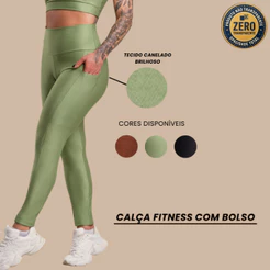 Calça Legging Fitness Feminina Com Bolso Cabe Celular Canelado Brilhoso Cós Alto Esportiva Academia Brilho RIQ Modas