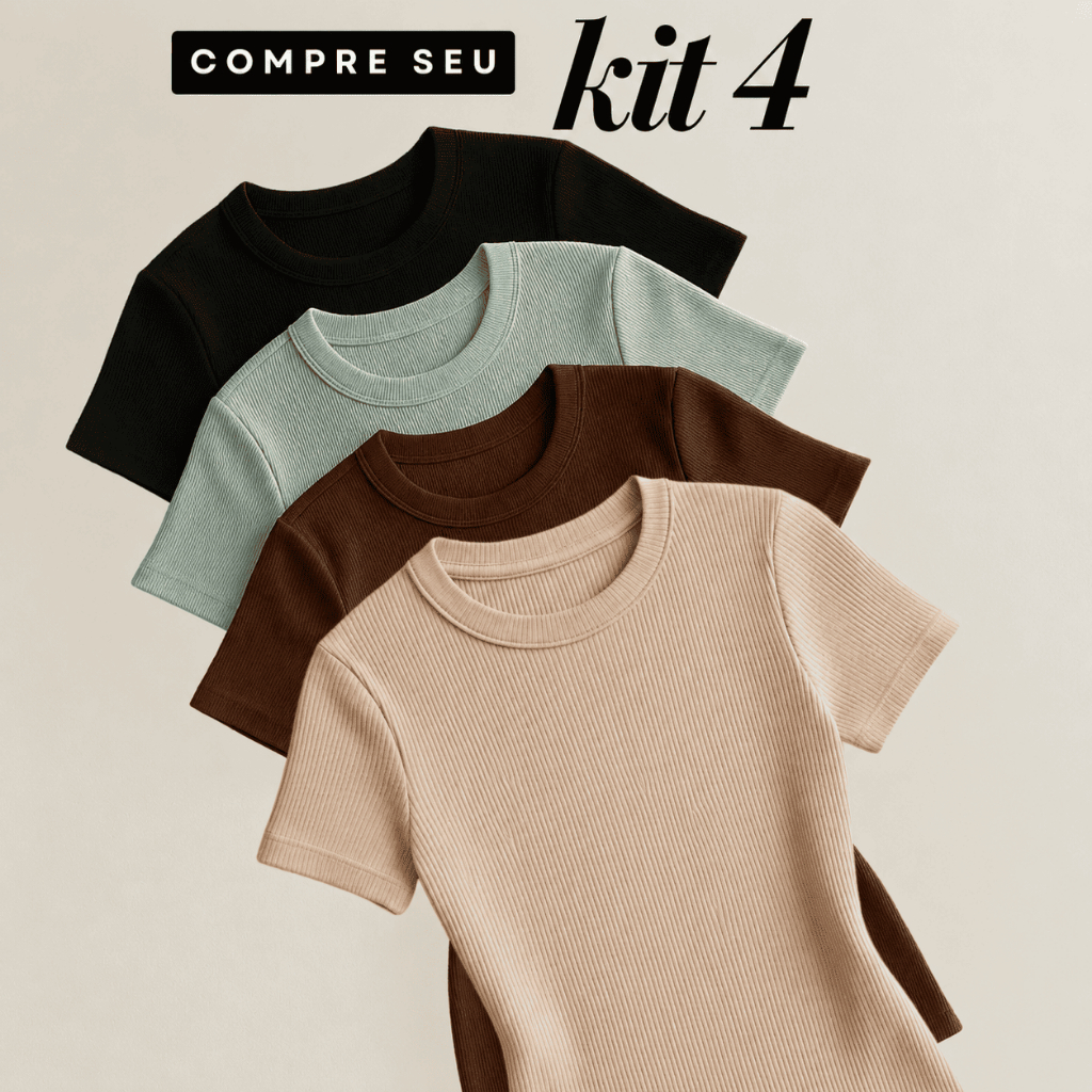 Kit 4 Blusas Femininas Caneladas Ribana Manga Curta Gola Redonda Básica Casual Dia a Dia