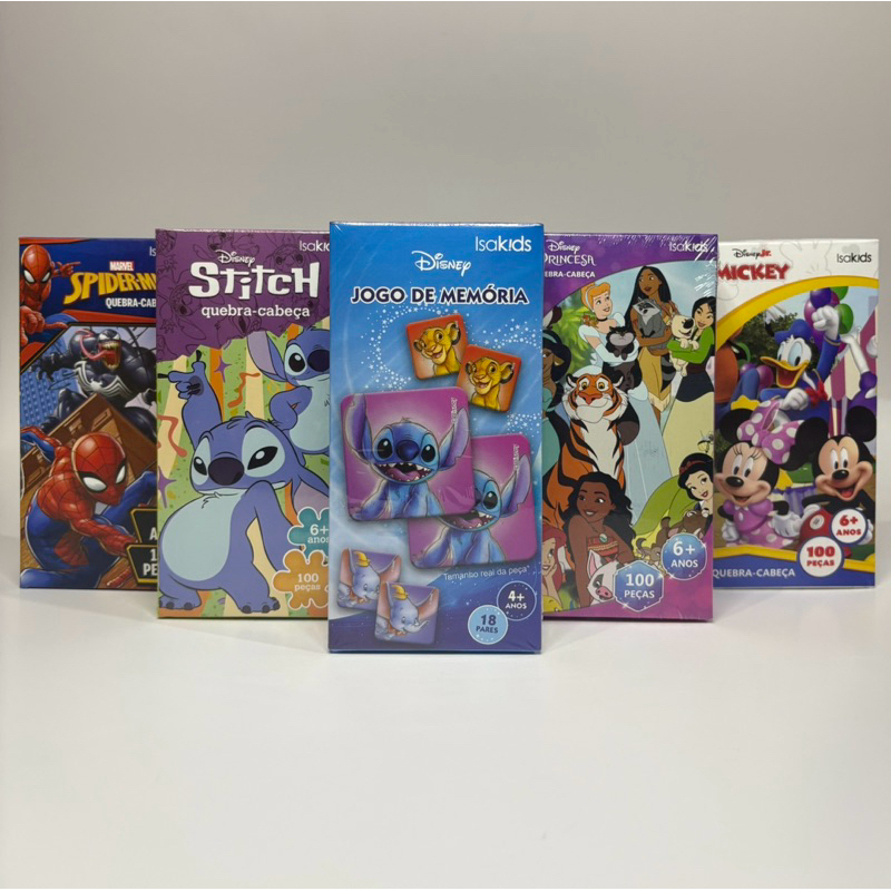 Quebra-Cabeça Stitch Mickey Princesas Homem Aranha 100 Peças e Jogo da Memória Disney 18 pares Infantil Isakids Original