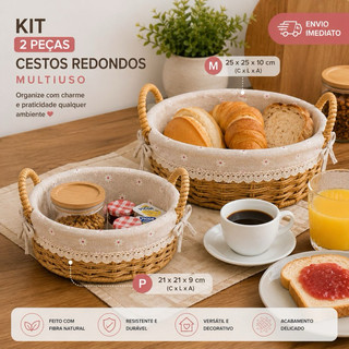 Kit Cesto para Pão 2 Unidades Cestos Redondo Para Pães Grande 25x25 e Medio 20x20 Sweet Multiuso