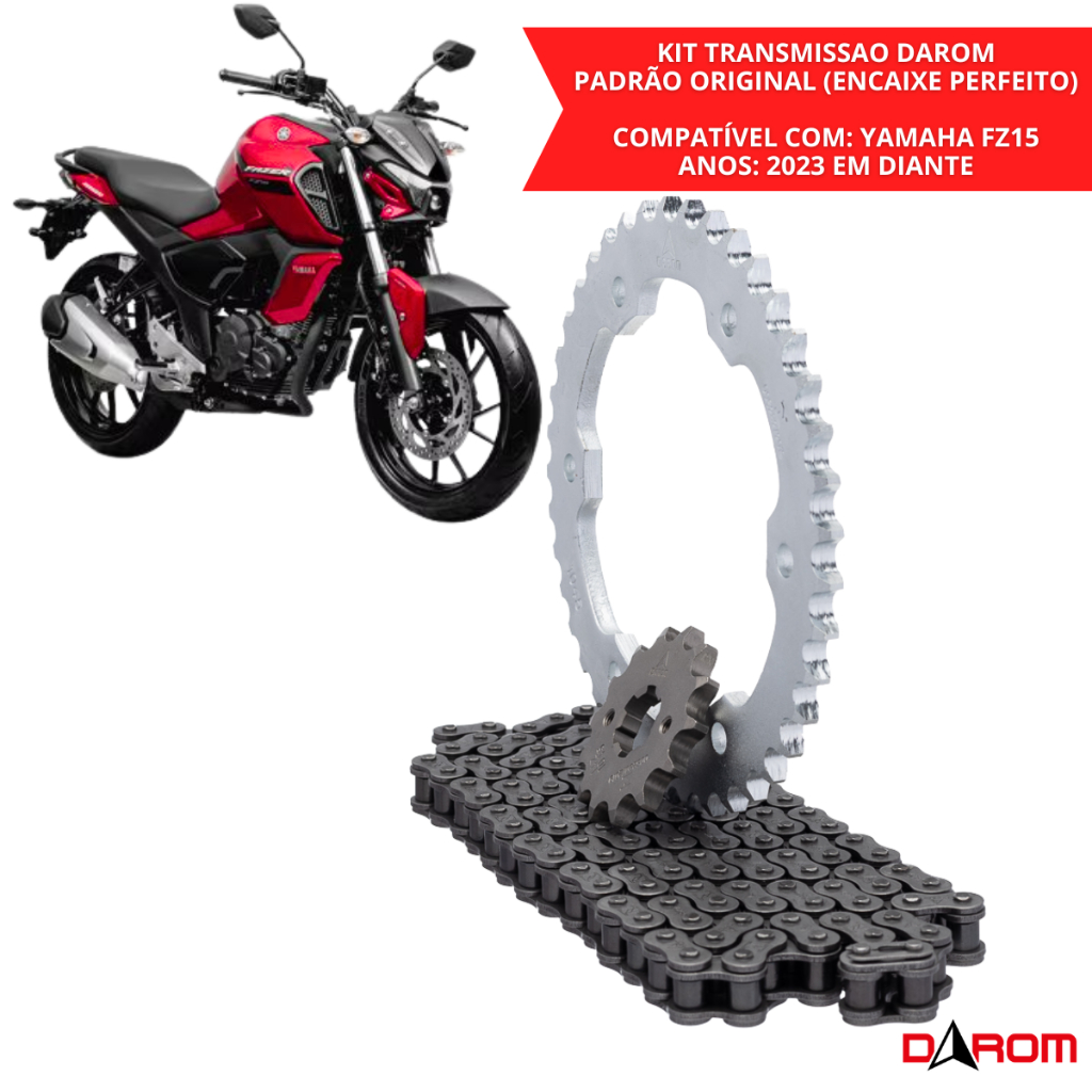 Kit Transmissão Completo Yamaha FZ15 Fazer 150 2023 a 2025 Corrente 428HX128L Coroa 41T Pinhão 14T Alta Qualidade Darom