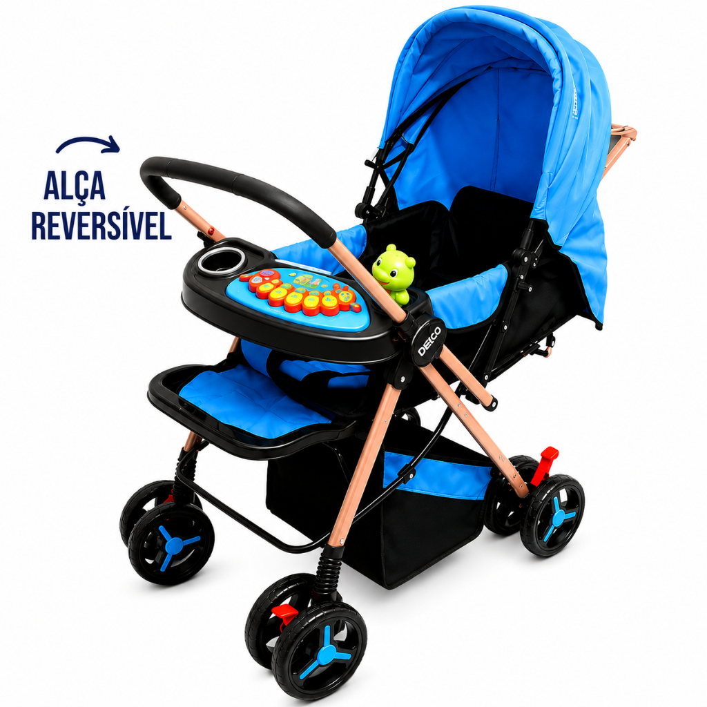 Carrinho De Bebê de Passeio Masculino Compacto Dobrável Com Bandeja Musical E Capota Azul Preto C/Rodinhas Para Meninos