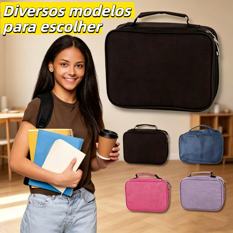Estojo escolar multifuncional amplo com alça resistente divisórias organizadas acabamento refinado, capacidade espaçosa