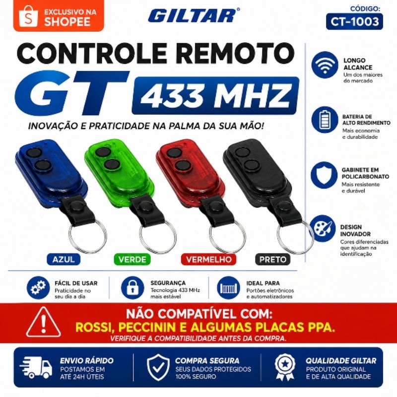 Controle Remoto Portão 433MHz Giltar GT | Alcance Potente | Resistente