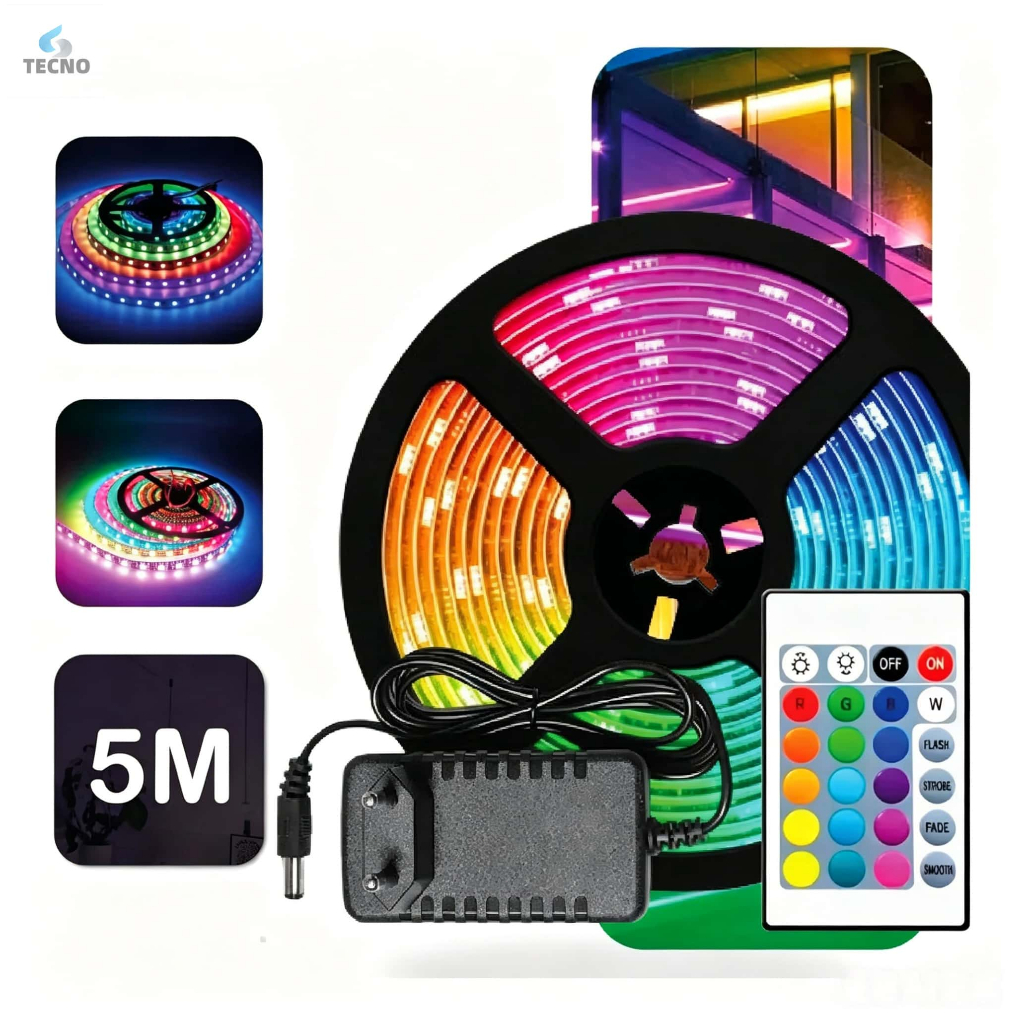 KIT 1/2/3/4 Fita Led Rgb 3528 Colorida 5m + Controle+Fonte 300 Led Decoração Casa Loja Gesso Teto Sanca Vitrine