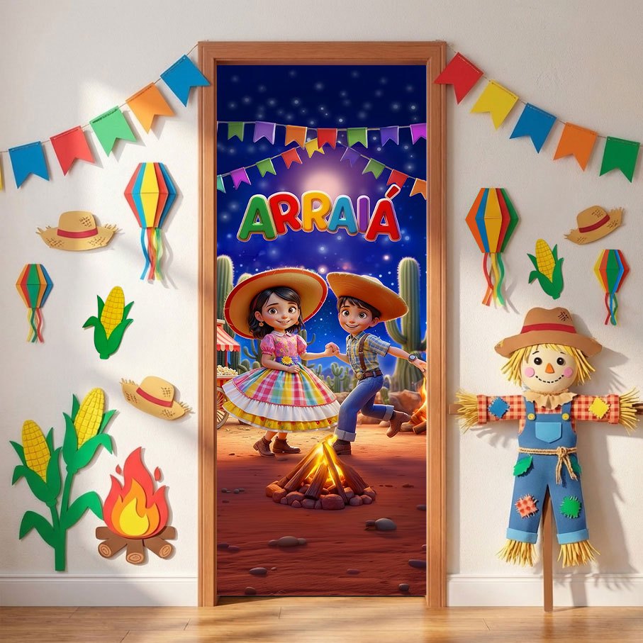 Capa de Porta Festa Junina Infantil Decorativa Arraiá C/ Elástico Sublimado 0,80x2,10m – PTA-48