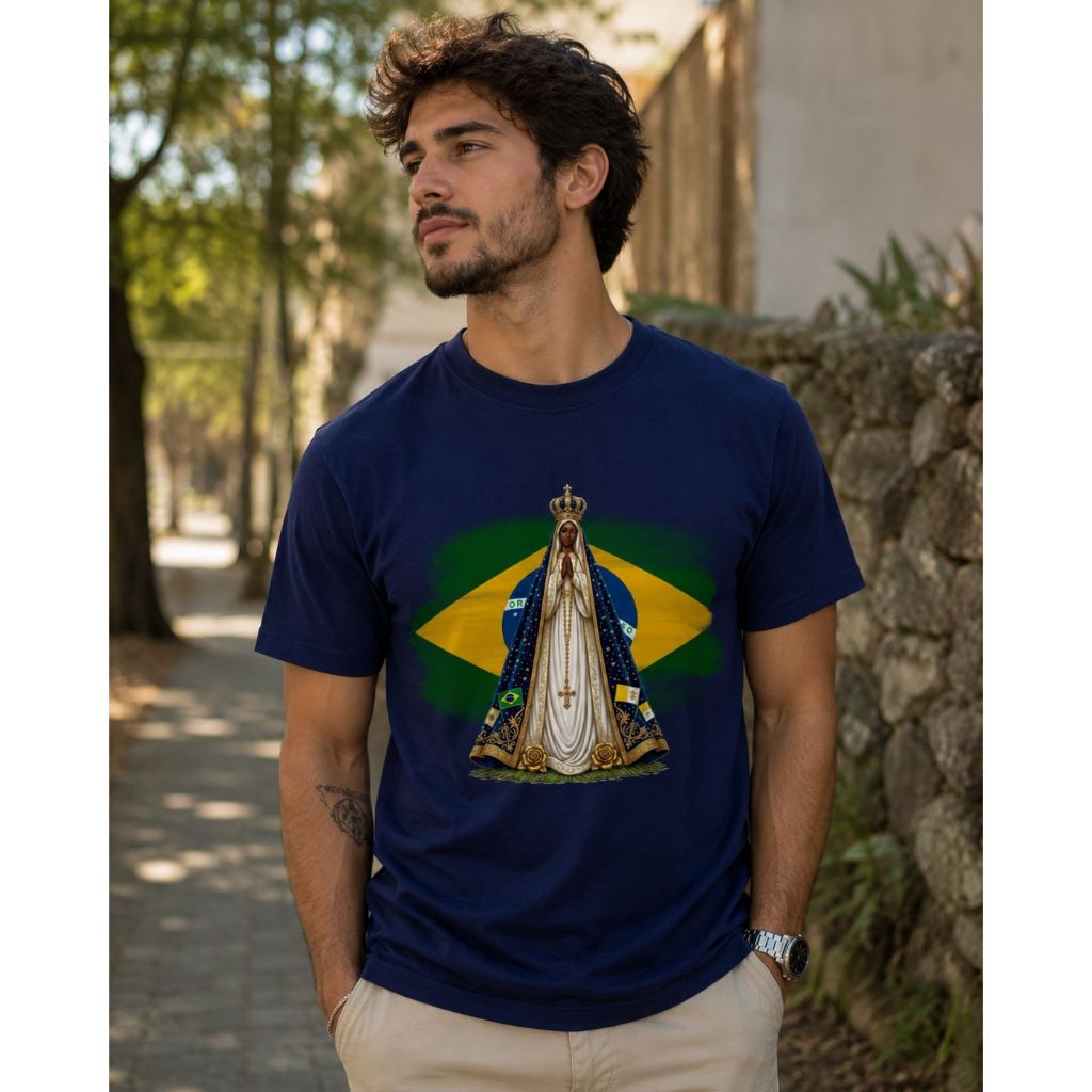 Camiseta Nossa Senhora Aparecida Padroeira do Brasil Católica Fé Algodão Unissex Infantil Adulto Plus Size