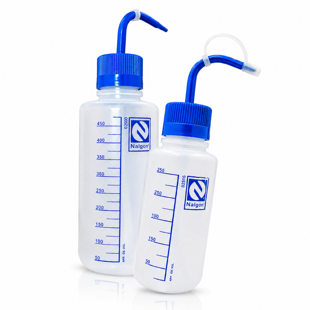 Kit 2 Pissetas Graduadas 500ml 250ml Laboratório Frasco Lavador Dosador Aplicador Bico Curvo