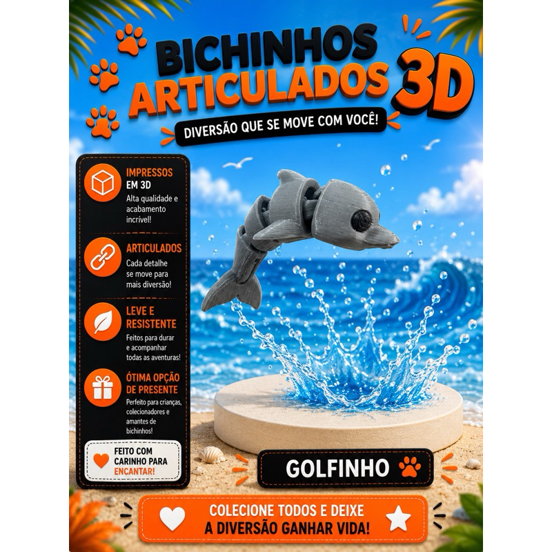 Combo 8 Bichinhos Articulados Impressos em 3D | Golfinho Jacaré Aranha Camaleão Sapinho Axolote Lagarto Siri