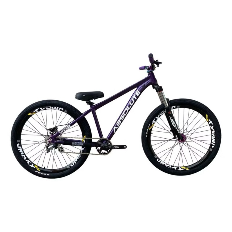 bike bsolute Nero 5 roxa aro 26 com aros vmaxx, pneus flame, banco ddk, mt 200 traseiro com suspensão absolute com trava