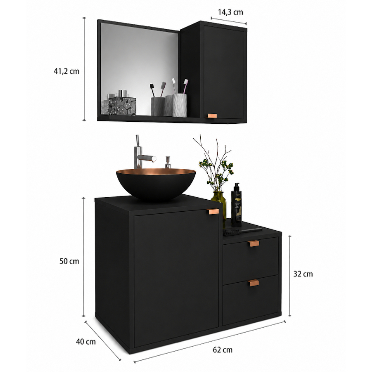 Armário Espelheira com Porta + Gabinete 1 Porta 2 Gavetas COM CUBA Conjunto Banheiro Kit Completo