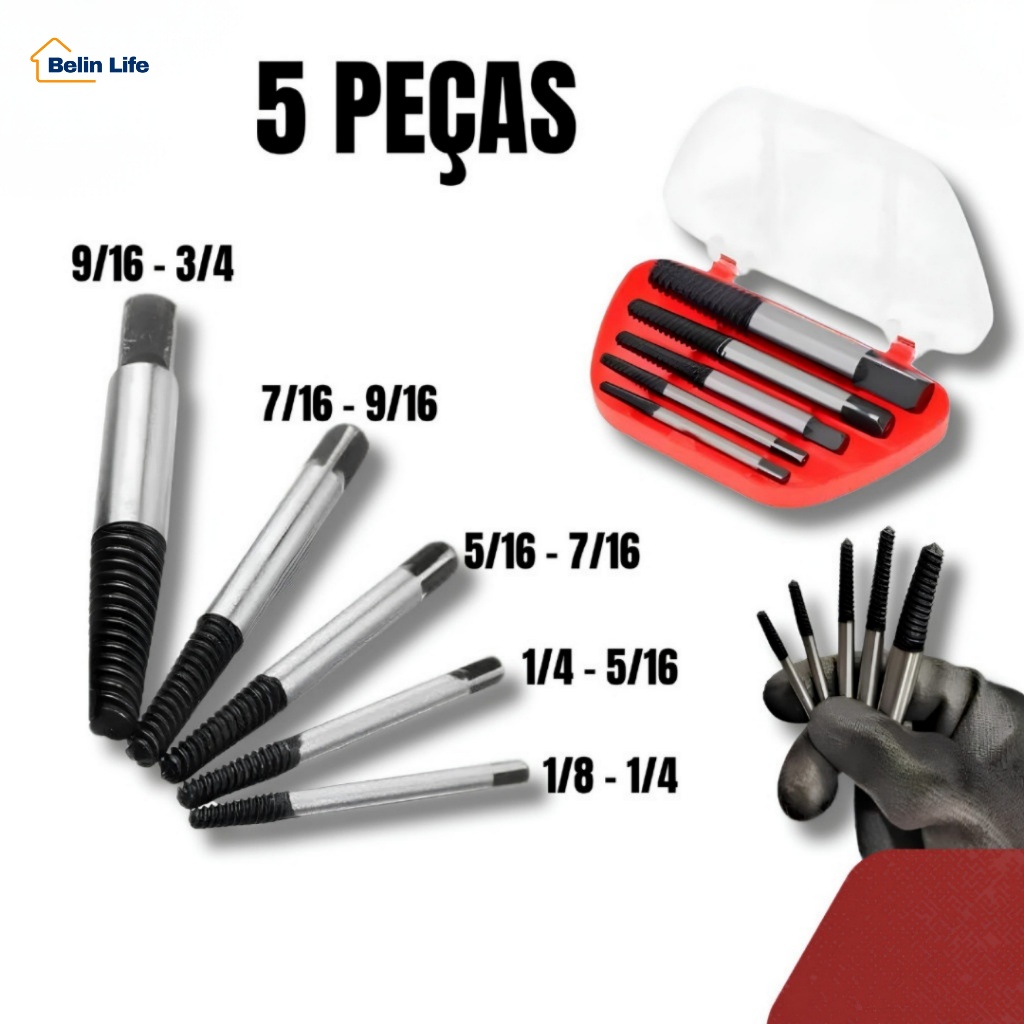 Kit Extrator De Parafuso Espanado Quebrado 5 Pecas Aco Carbono 3-18mm