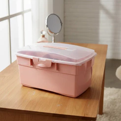 Maleta De Manicures Maquiagens Utensilios Rosa Plastica Tampa Transparente Com Trava Alça Linda